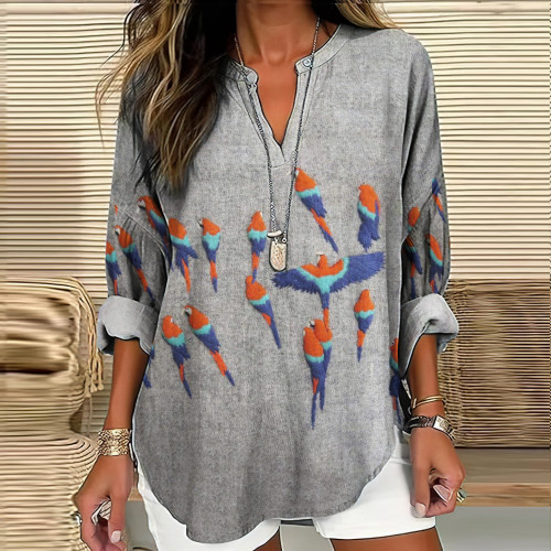 Vintage Japanese Ink Flying Parrot Felt Embroidery Art Print Casual Shirt