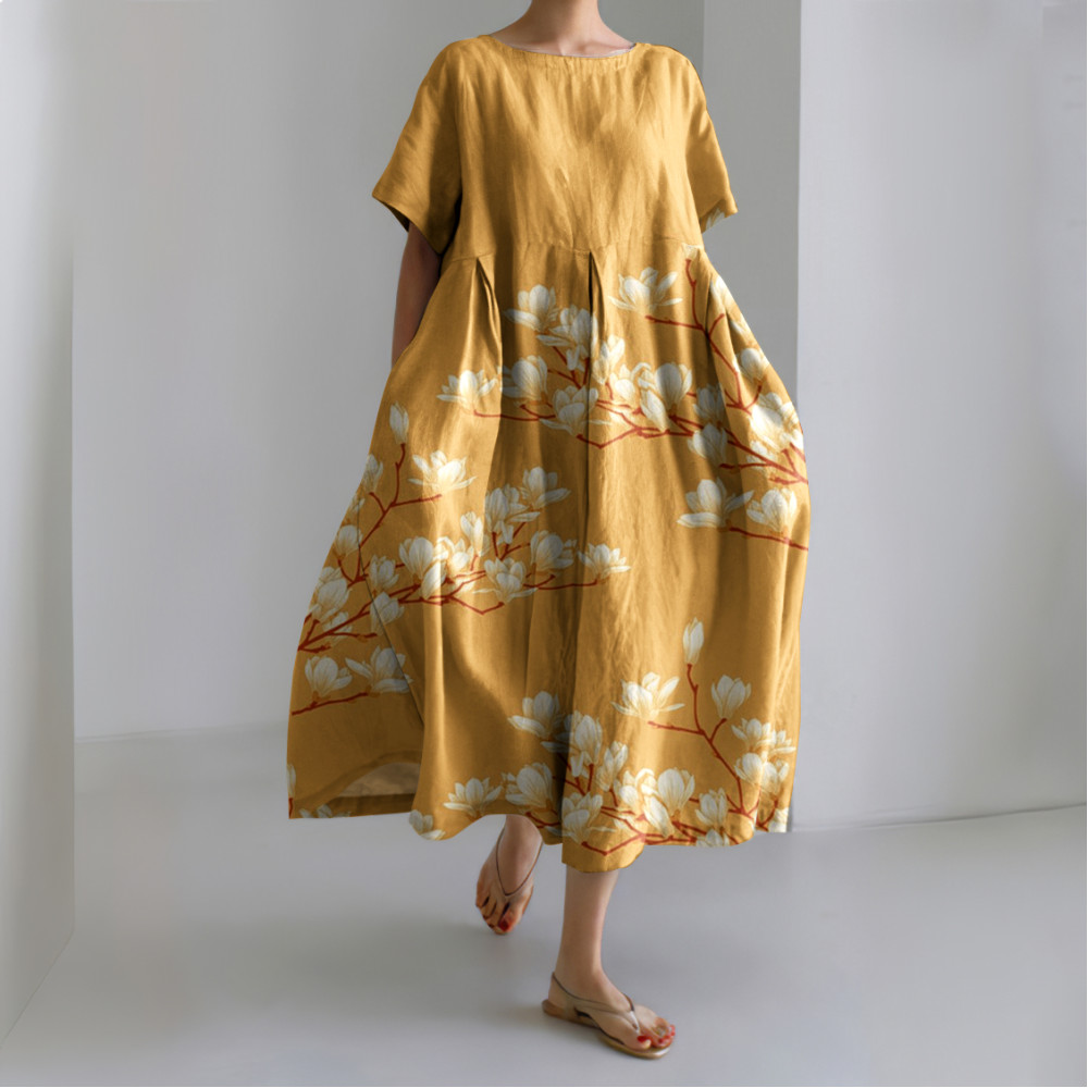 Vintage Japanese Magnolia Flower Art Print Linen Maxi Dress