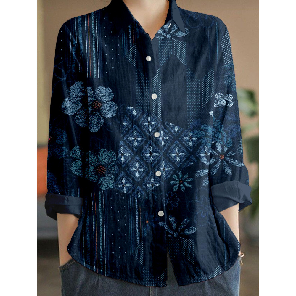 Vintage Japanese Pattern Linen Blend Cozy Blouse