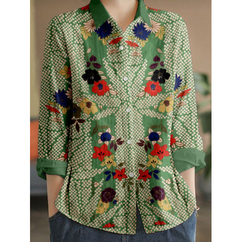 Vintage Japanese Pattern Linen Blend Cozy Blouse