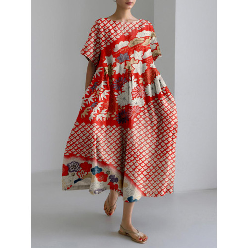 Vintage Japanese Pattern Linen Blend Cozy Maxi Dress