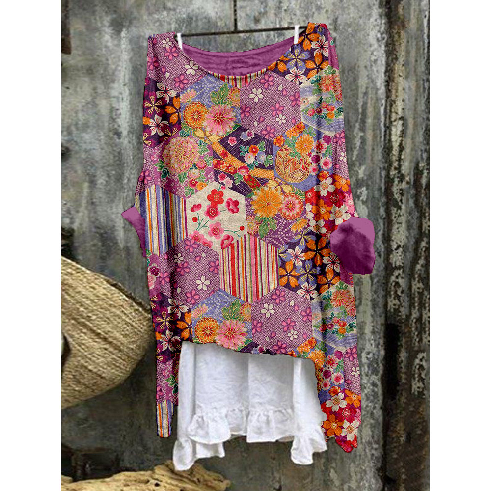 Vintage Japanese Pattern Linen Blend Flowy Tunic