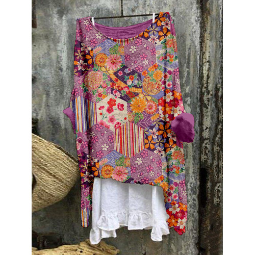 Vintage Japanese Pattern Linen Blend Flowy Tunic