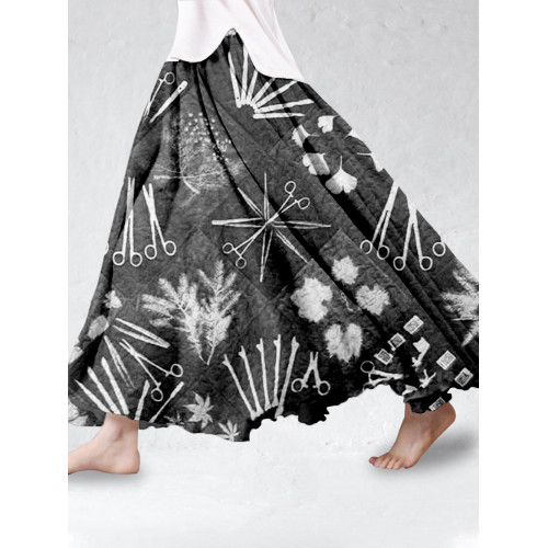 Vintage Japanese Pattern Linen Blend Flowy Wide Skirt