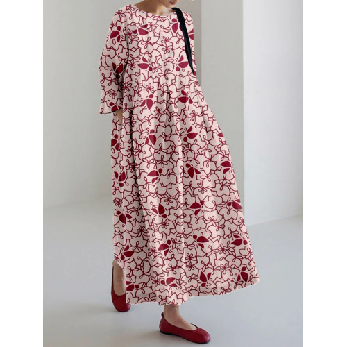 Vintage Japanese Pattern Linen Blend Maxi Dress