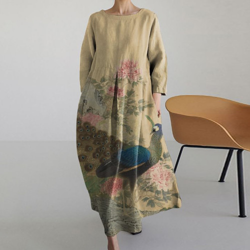Vintage Japanese Peacock  Art Long Sleeve Midi Dress