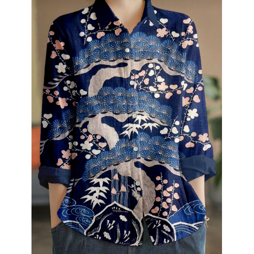 Vintage Japanese Plum Blossom Art Linen Blend Blouse