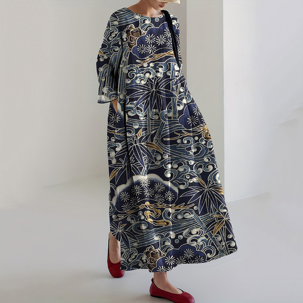 Vintage Japanese Plum Blossom & Bamboo Art  Casual Midi Dress