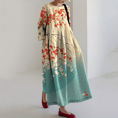 Vintage Japanese Plum Bossom Art  Casual Midi Dress