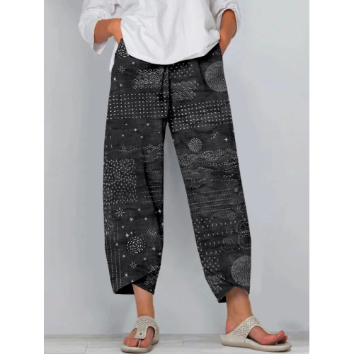 Vintage Japanese Sashiko Art Linen Blend Cropped Casual Pants