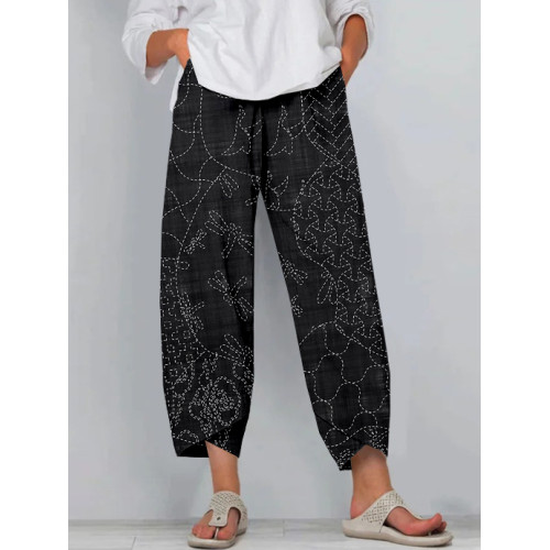 Vintage Japanese Sashiko Art Linen Blend Cropped Casual Pants