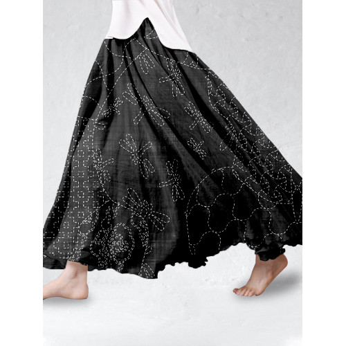 Vintage Japanese Sashiko Linen Blend Flowy Wide Skirt