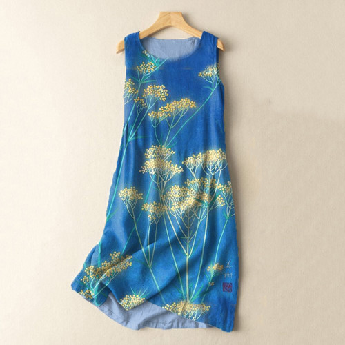 Vintage Japanese Spring Floral Art Print Cotton And Linen Midi Dress