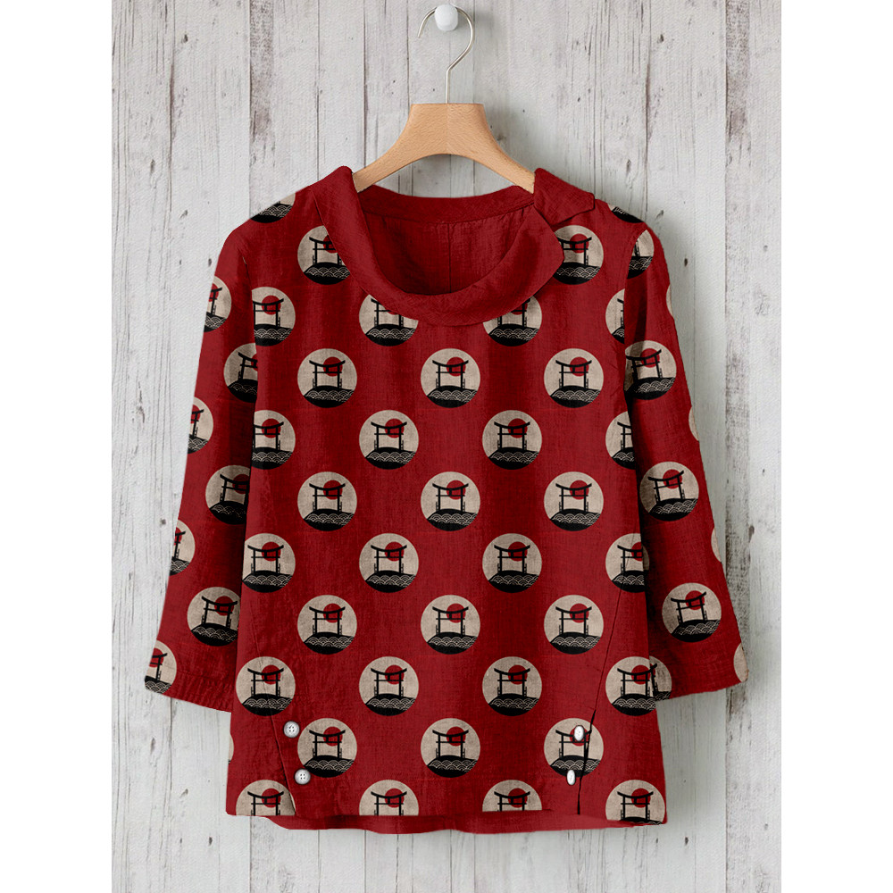 Vintage Japanese Torii Pattern Linen Blend Shirt