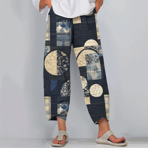 Vintage Japanese Traditional Moonlight Art Cropped Casual Pants