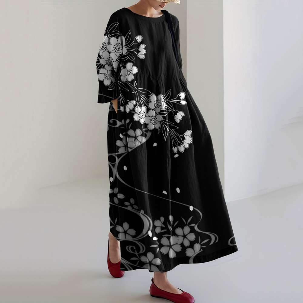 Vintage Japanese Traditional Sakura Art Print Casual Midi Dress