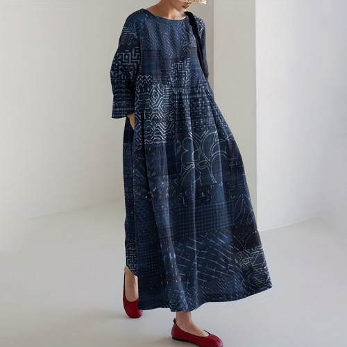 Vintage Japanese Traditional Sashiko Art Cropped Print Casual Midi Dress