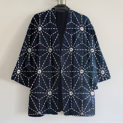 Vintage Japanese Traditional Sashiko Art Print Linen Blend Kimono Cardigan