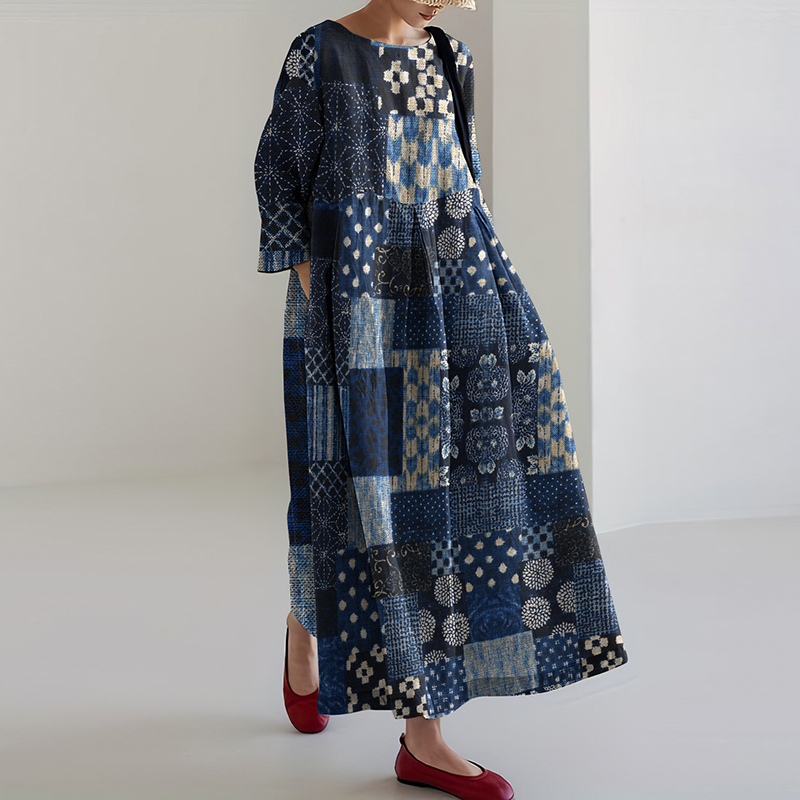 Vintage Japanese Traditional Sashiko Blooming Floral Patchwork Art Cropped Print Casual Midi Dress