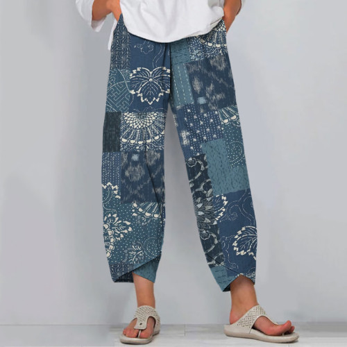 Vintage Japanese Traditional Sashiko Blooming Patchwork Art Cropped Casual Pants