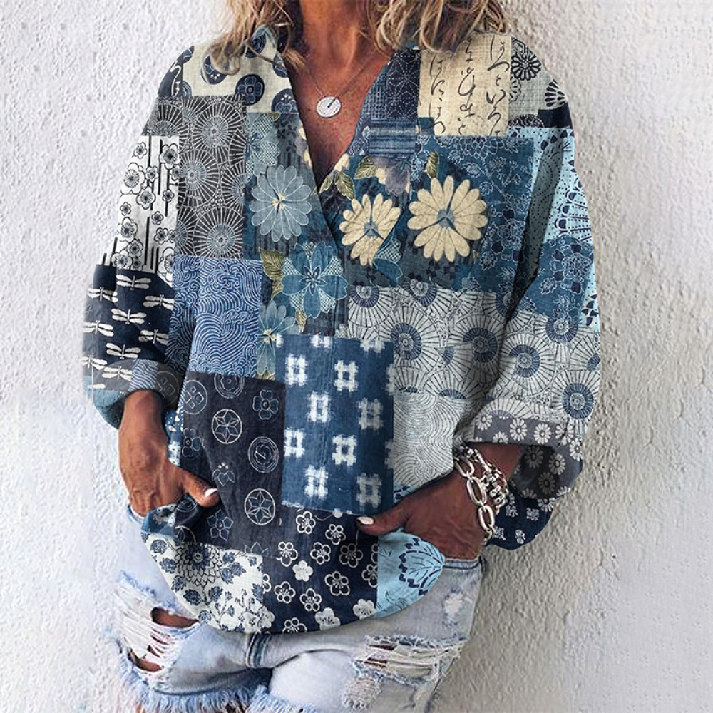 Vintage Japanese Traditional Sashiko Blooming Patchwork Art Linen Blend Tunic
