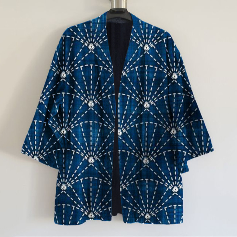 Vintage Japanese Traditional Sashiko Fan-Shaped Art Print Linen Blend Kimono Cardigan