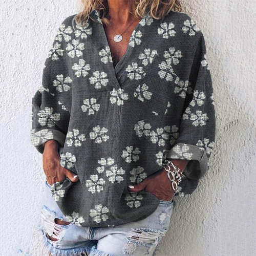 Vintage Japanese Traditional Sashiko Floral Art Linen Blend Tunic