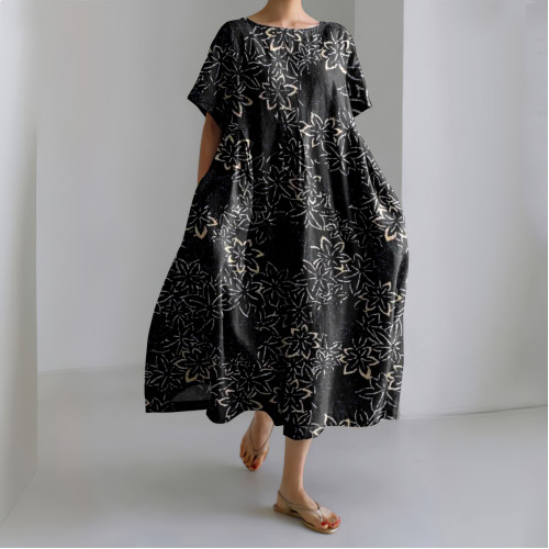 Vintage Japanese Traditional Sashiko Floral Art Printed Crew Neck Casual Midi Dress