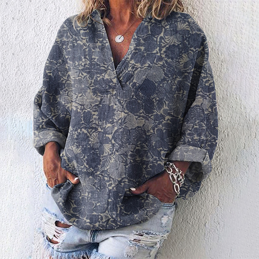 Vintage Japanese Traditional Sashiko Floral Blooming Art Linen Blend Tunic