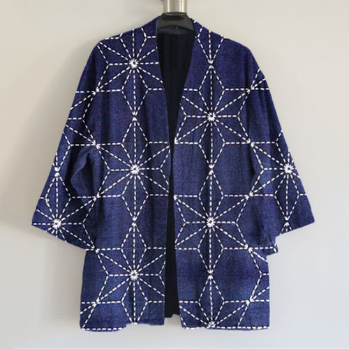Vintage Japanese Traditional Sashiko Floral Blooming Art Print Linen Blend Kimono Cardigan
