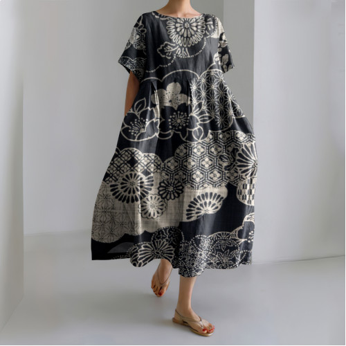Vintage Japanese Traditional Sashiko Floral Blooming Art Printed Crew Neck Casual Midi Dress