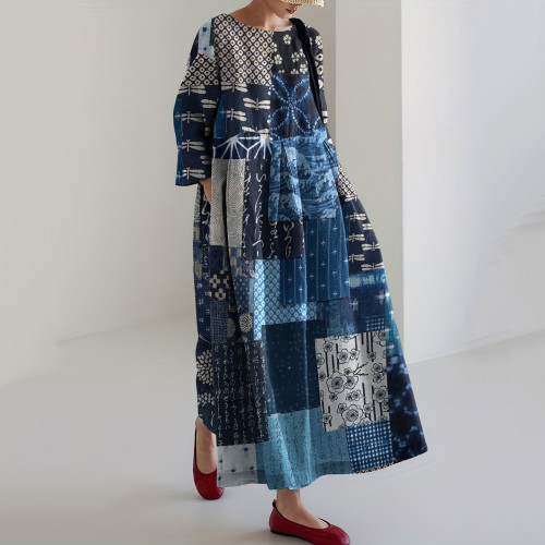 Vintage Japanese Traditional Sashiko Floral Blooming Patchwork Art Cropped Print Casual Midi Dress