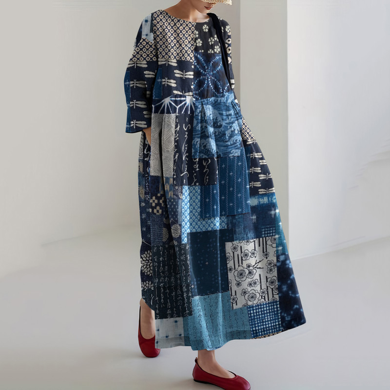 Vintage Japanese Traditional Sashiko Floral Blooming Patchwork Art Cropped Print Casual Midi Dress