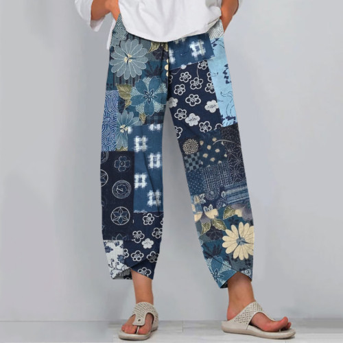 Vintage Japanese Traditional Sashiko Indigo Blooming Patchwork Art Cropped Casual Pants