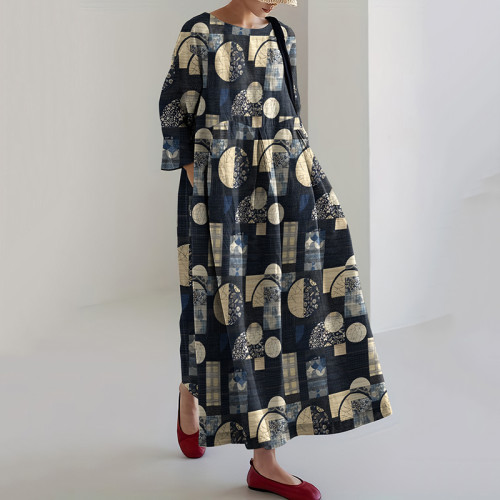 Vintage Japanese Traditional Sashiko Patchwork Art Cropped Print Casual Midi Dress