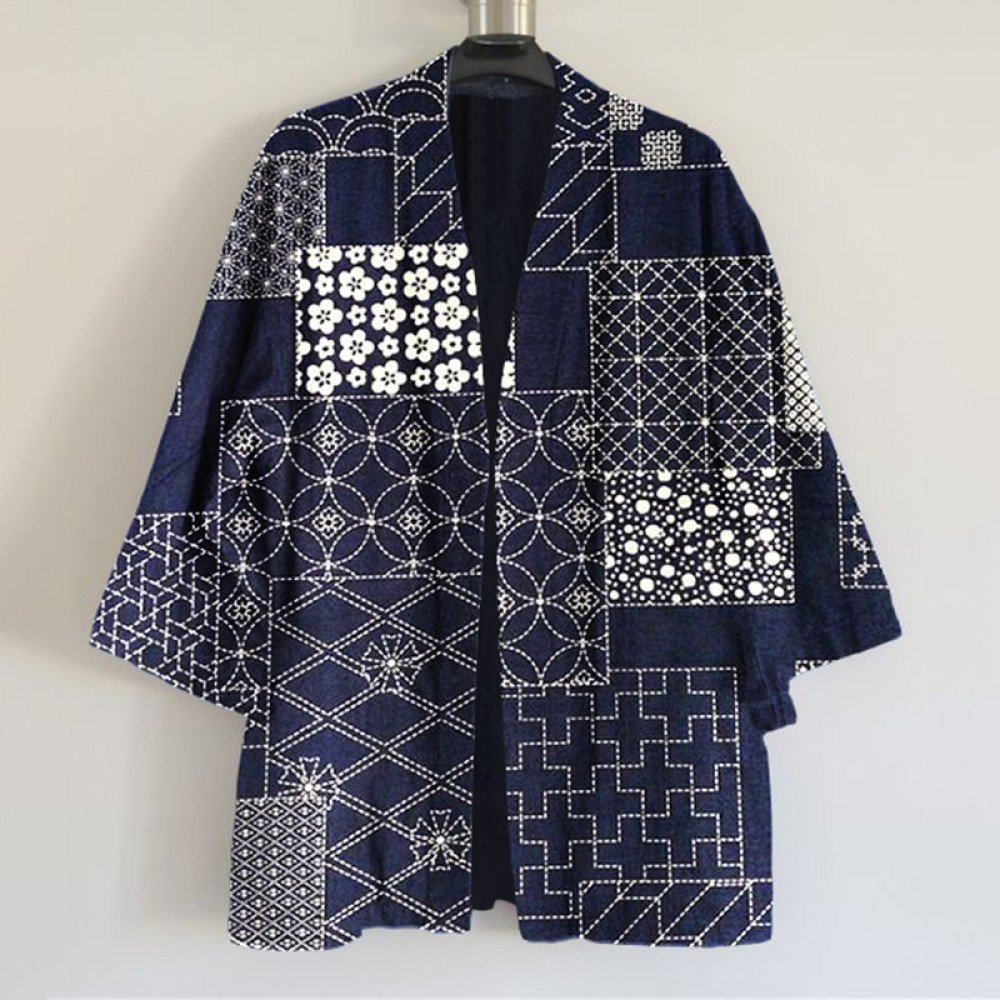 Vintage Japanese Traditional Sashiko Patchwork Art Print Linen Blend Kimono Cardigan