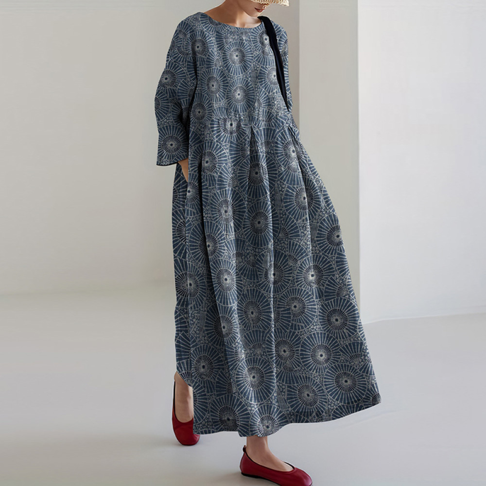 Vintage Japanese Traditional Sashiko SevenBerry Art Cropped Print Casual Midi Dress