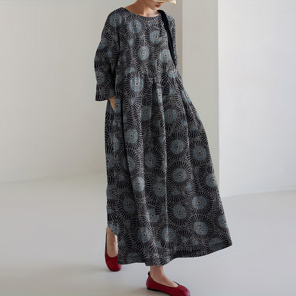 Vintage Japanese Traditional Sashiko SevenBerry Art Cropped Print Casual Midi Dress