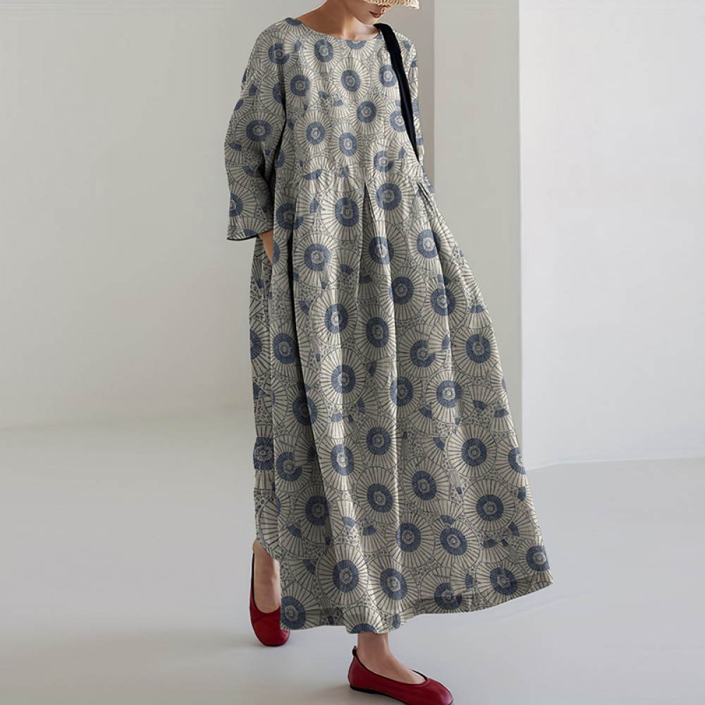 Vintage Japanese Traditional Sashiko SevenBerry Art Cropped Print Casual Midi Dress