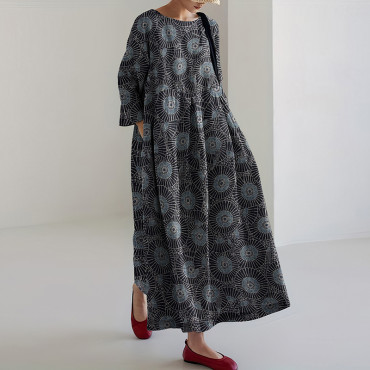 Vintage Japanese Traditional Sashiko SevenBerry Art Cropped Print Casual Midi Dress