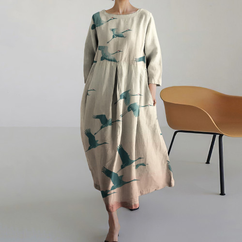 Vintage Loose Japanese Art Crane Print Long Sleeve Midi Dress