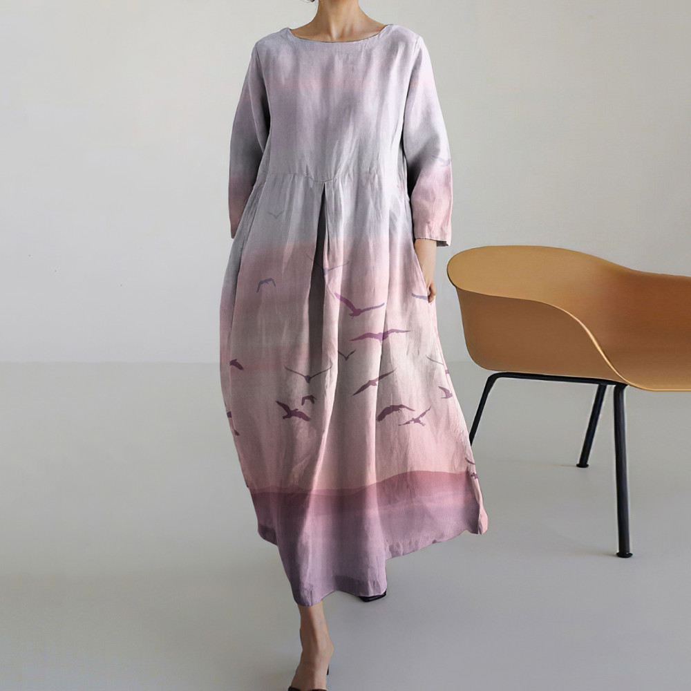 Vintage Loose Japanese Art Flying Birds Print Long Sleeve Midi Dress