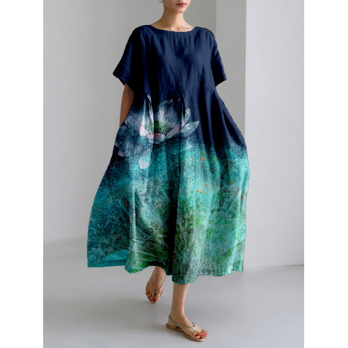 Vintage Lotus Flower Art Linen Blend Comfy Maxi Dress