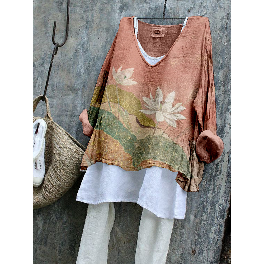 Vintage Lotus Flower Art Linen Blend Cozy Flowy Tunic