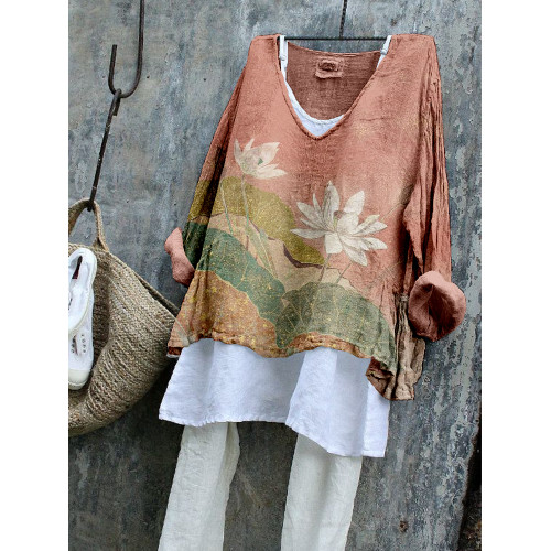 Vintage Lotus Flower Art Linen Blend Cozy Flowy Tunic