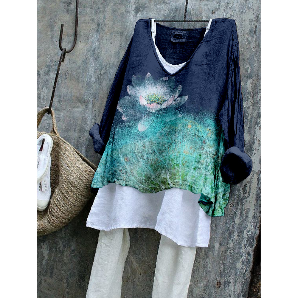 Vintage Lotus Flower Art Linen Blend Cozy Tunic
