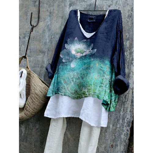 Vintage Lotus Flower Art Linen Blend Cozy Tunic