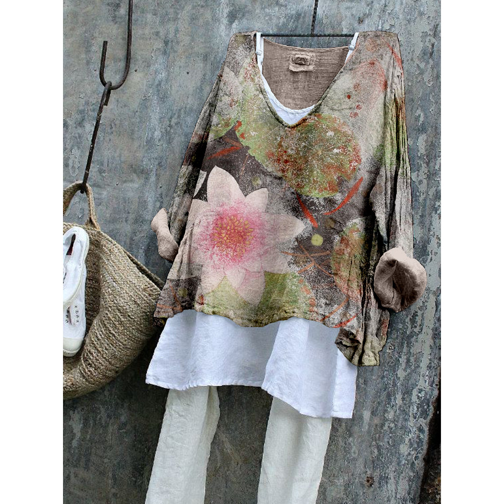 Vintage Lotus Flower Art Linen Blend Flowy Tunic