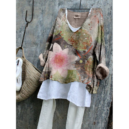 Vintage Lotus Flower Art Linen Blend Flowy Tunic
