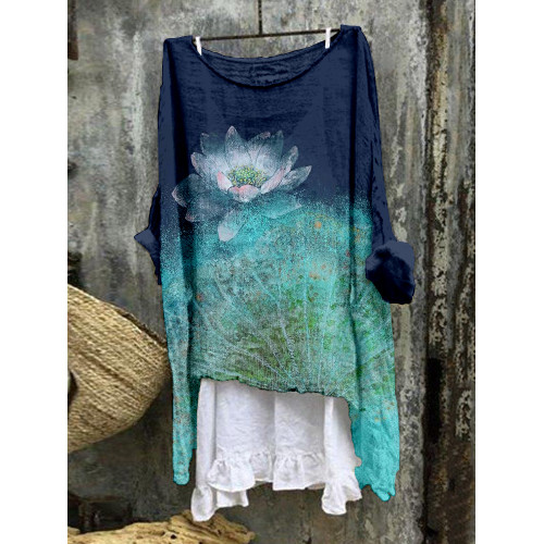Vintage Lotus Flower Art Linen Blend Flowy Tunic